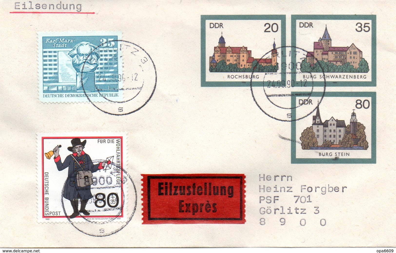 DDR Amtl. GZS-Umschlag U 2 ZF20(Pf) Neben 35(Pf) Darunter 80(Pf) Mehrfarbig "Burgen Der DDR" TSt 24.9.90 GÖRLITZ 3 - Enveloppes - Oblitérées