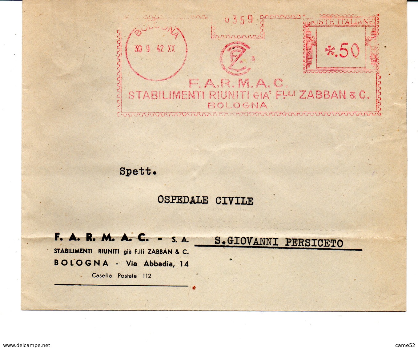 1942 Affrancatura Meccanica Rossa EMA Freistempel Bologna F.A.R.M.A.C. Stabilimenti Riuniti Già F.lli Zabban Su Busta - Macchine Per Obliterare (EMA)