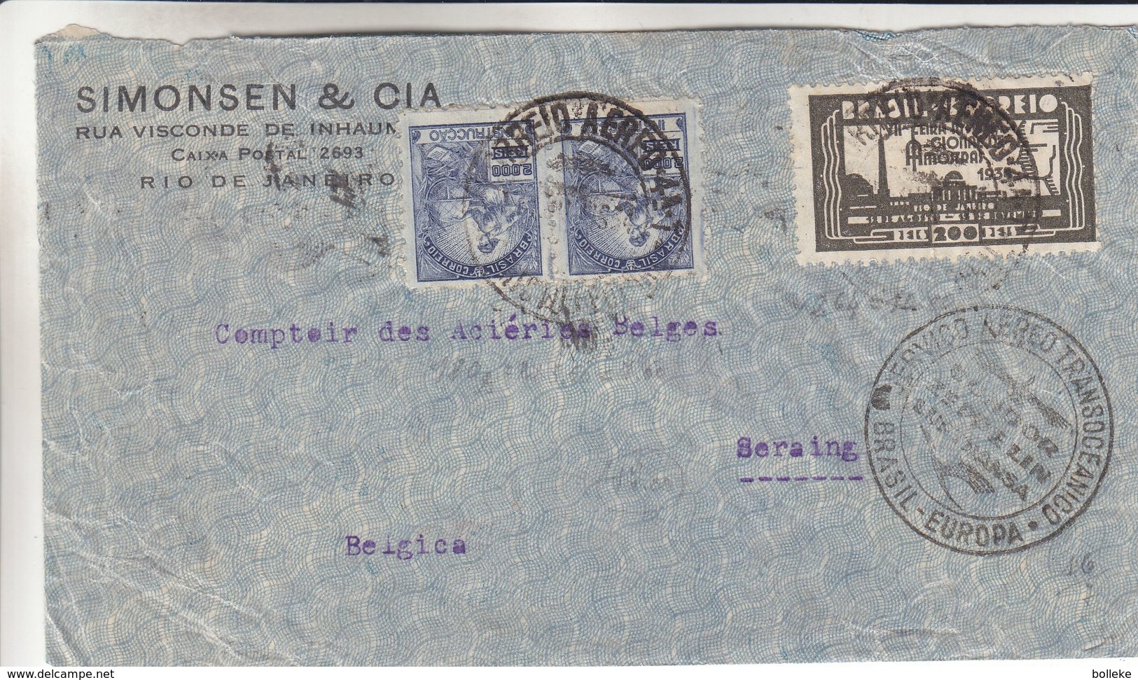 Brésil - Lettre De 1934 - Oblit Servico Aero Transoceanico Brasil Europa - Condor Zeppelin - Exp Vers Seraing - Zeppelins