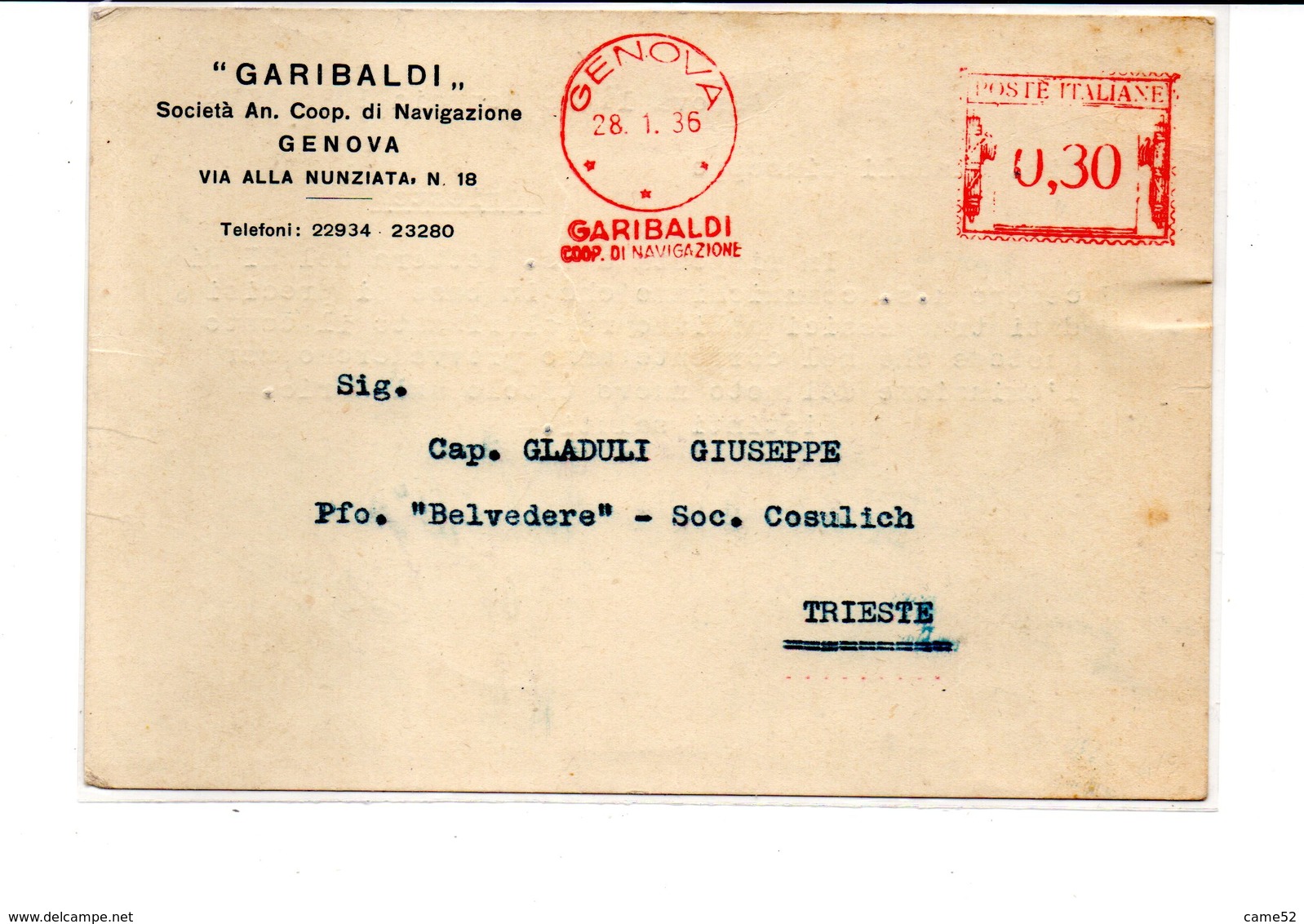 1936 Affrancatura Meccanica Rossa EMA Freistempel Genova GARIBALDI Coop. Di Navigazione Navi Ship Cartolina Commerciale - Macchine Per Obliterare (EMA)