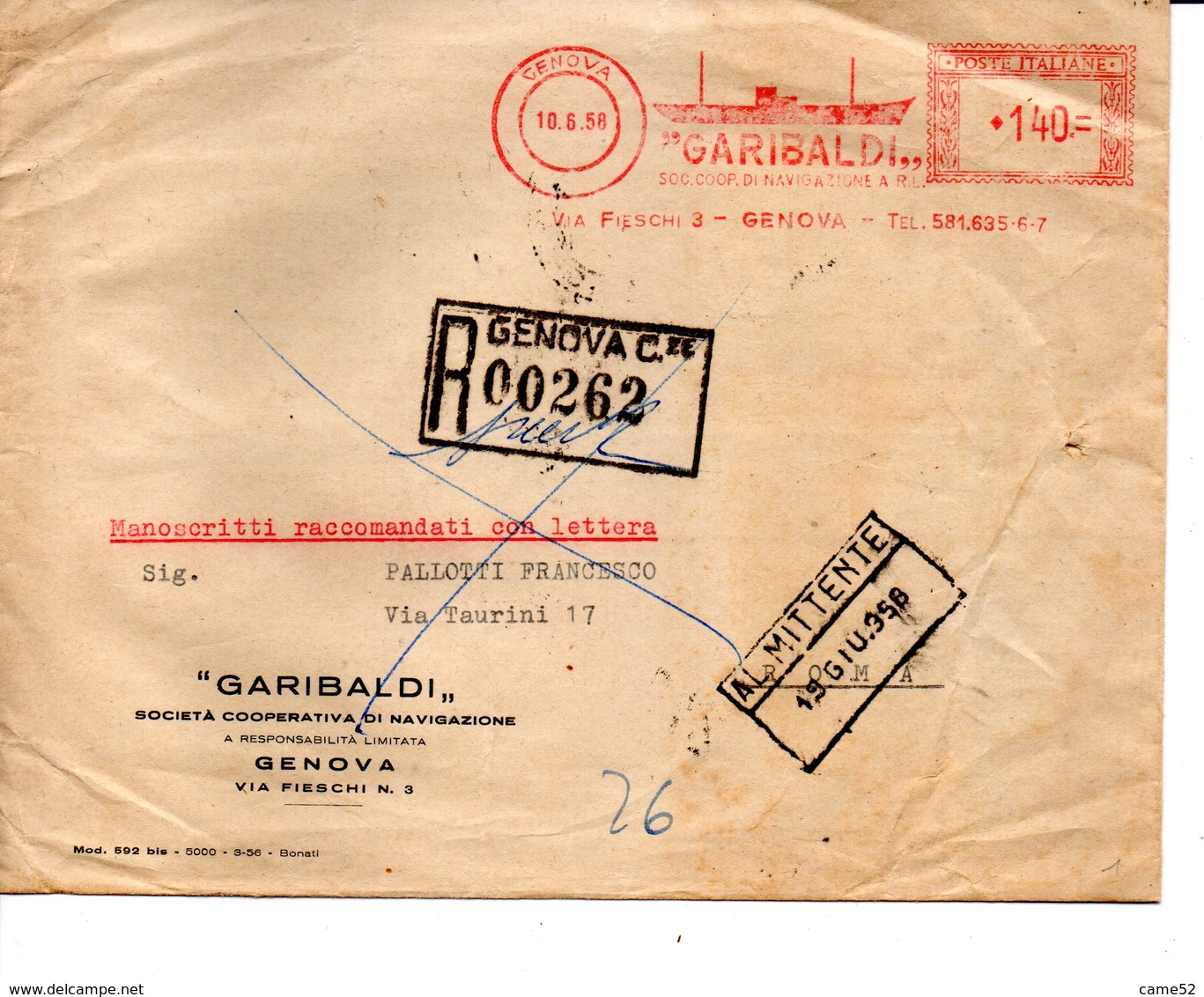 1958 Affrancatura Meccanica Rossa EMA Freistempel Genova GARIBALDI Coop. Di Navigazione Busta Raccomandata - Macchine Per Obliterare (EMA)