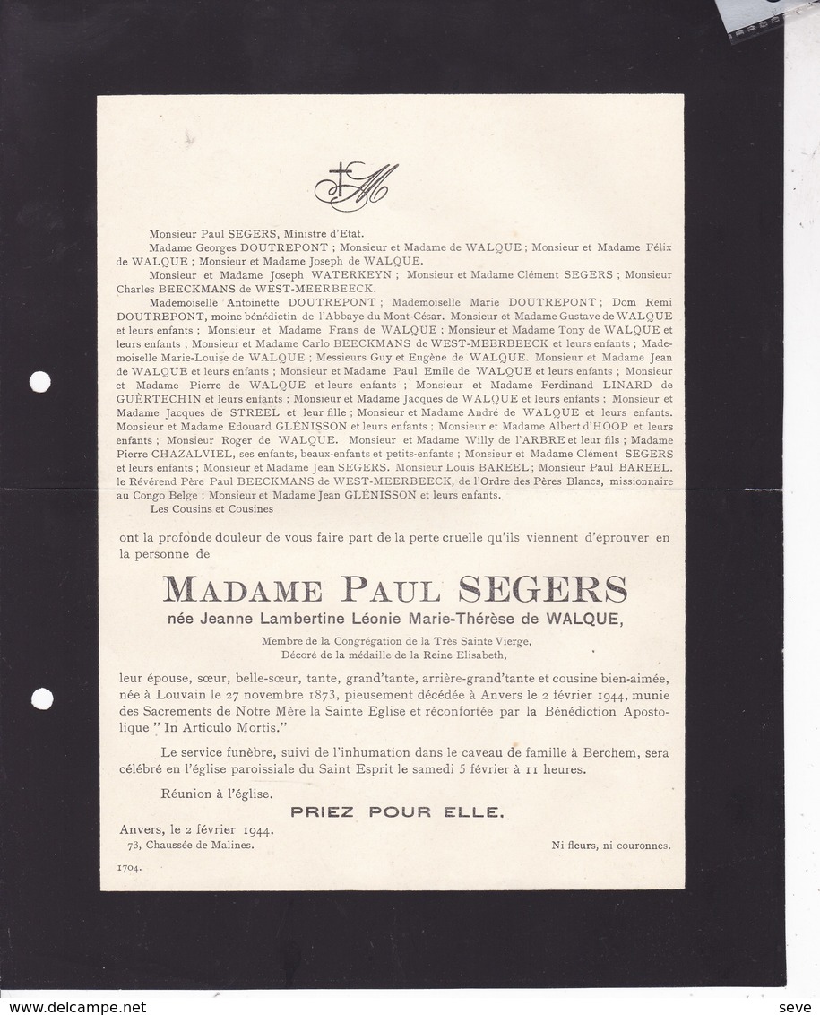 14-18 Médaille De La Reine Elisabeth Jeanne De WALQUE épouse Paul SEGERS Louvain 1873 Anvers 1944 - Todesanzeige