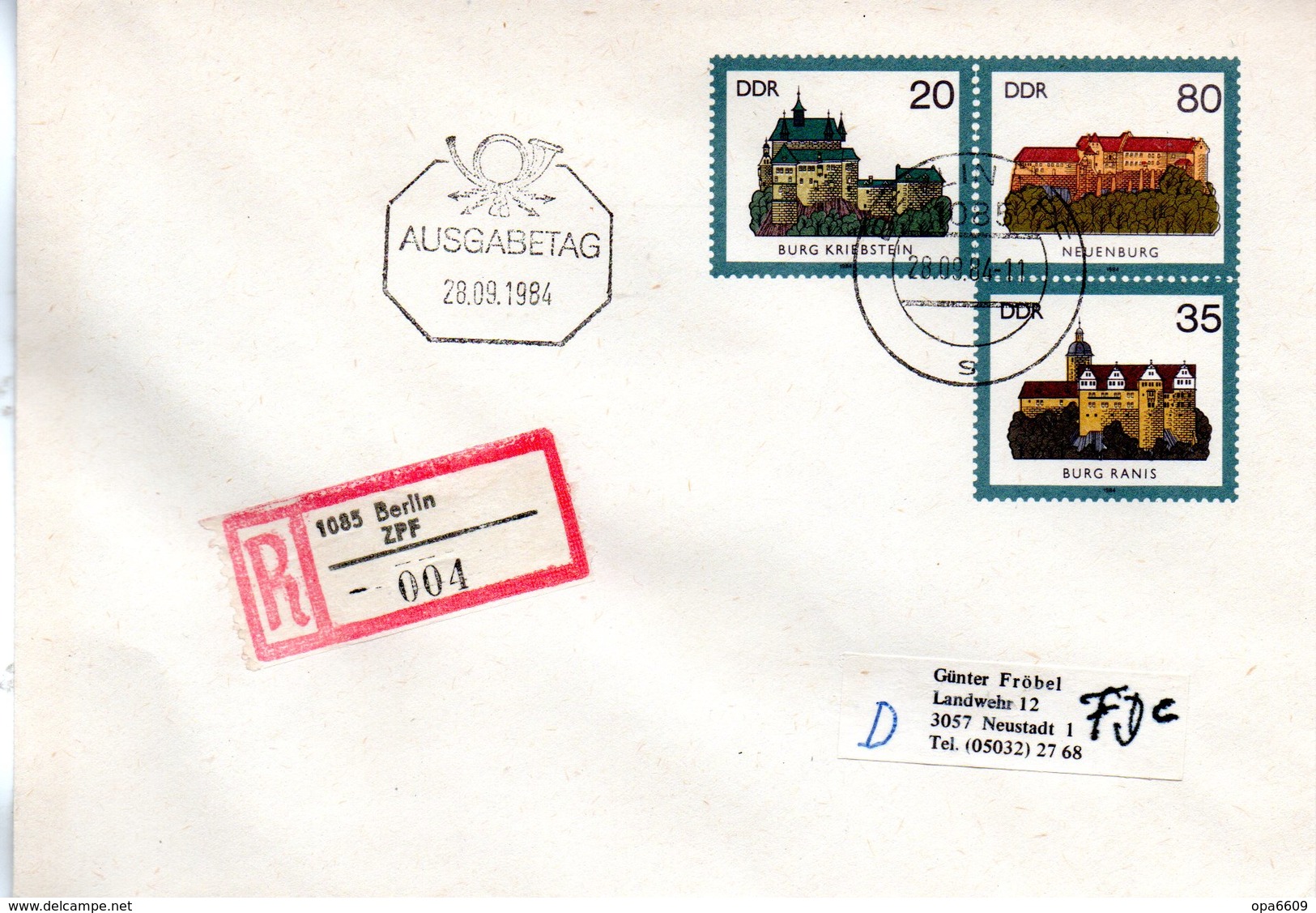 DDR Amtl. GZS-Umschlag U 1 20(Pf) Neben 80(Pf) Darunter 35(Pf) Mehrfarbig "Burgen Der DDR" ETSt 28.9.84 BERLIN - Briefomslagen - Gebruikt