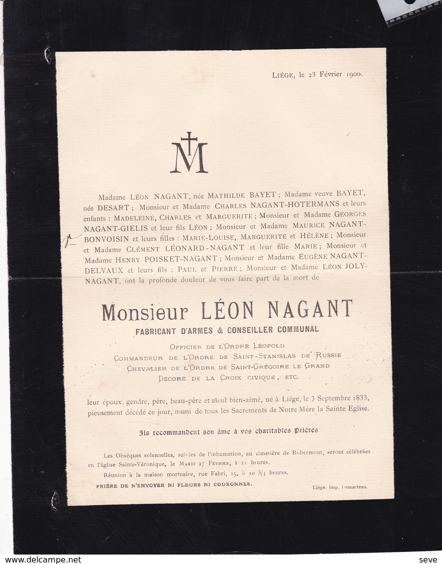 FABRICANT D'Armes Liège Léon NAGANT Conseiller Communal  1838-1900 Faire-part Mortuaire BAYET - Overlijden