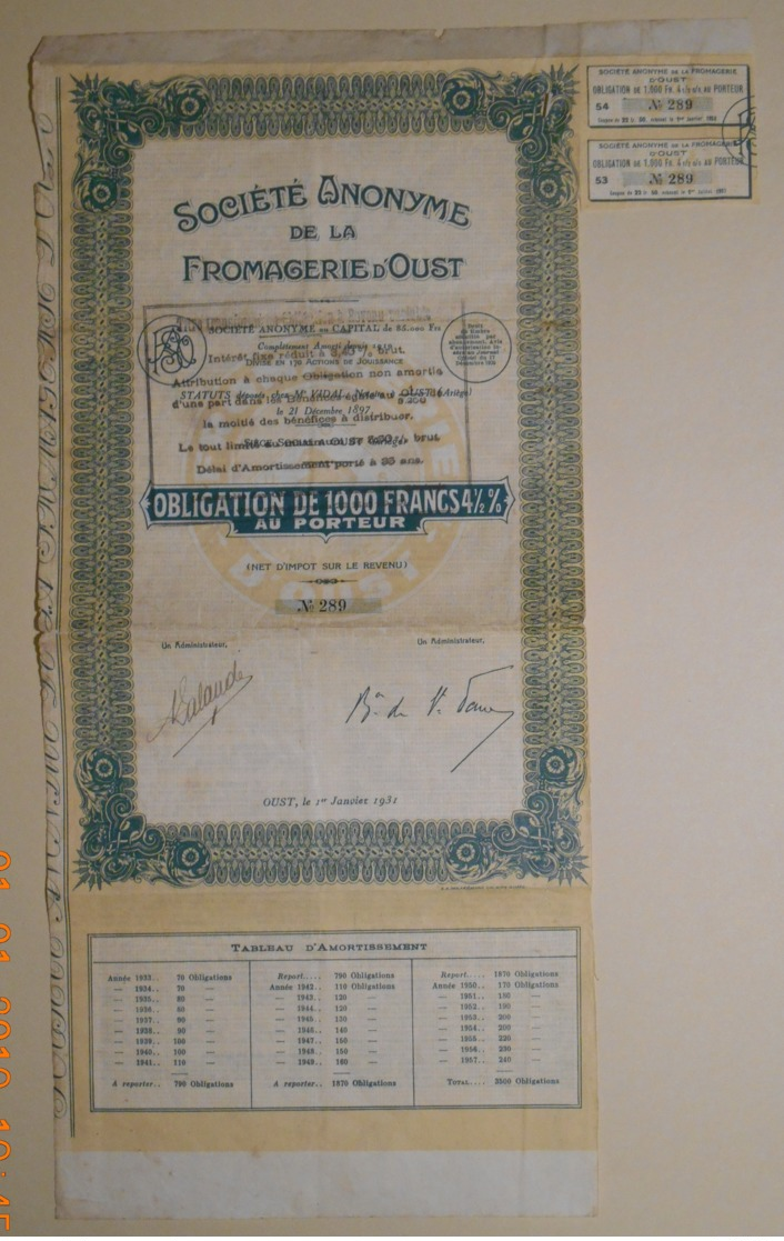 OBLIGATION S.A. De La FROMAGERIE D'OUST En ARIEGE - 09 - Du 01 Janvier 1931 - - Agriculture