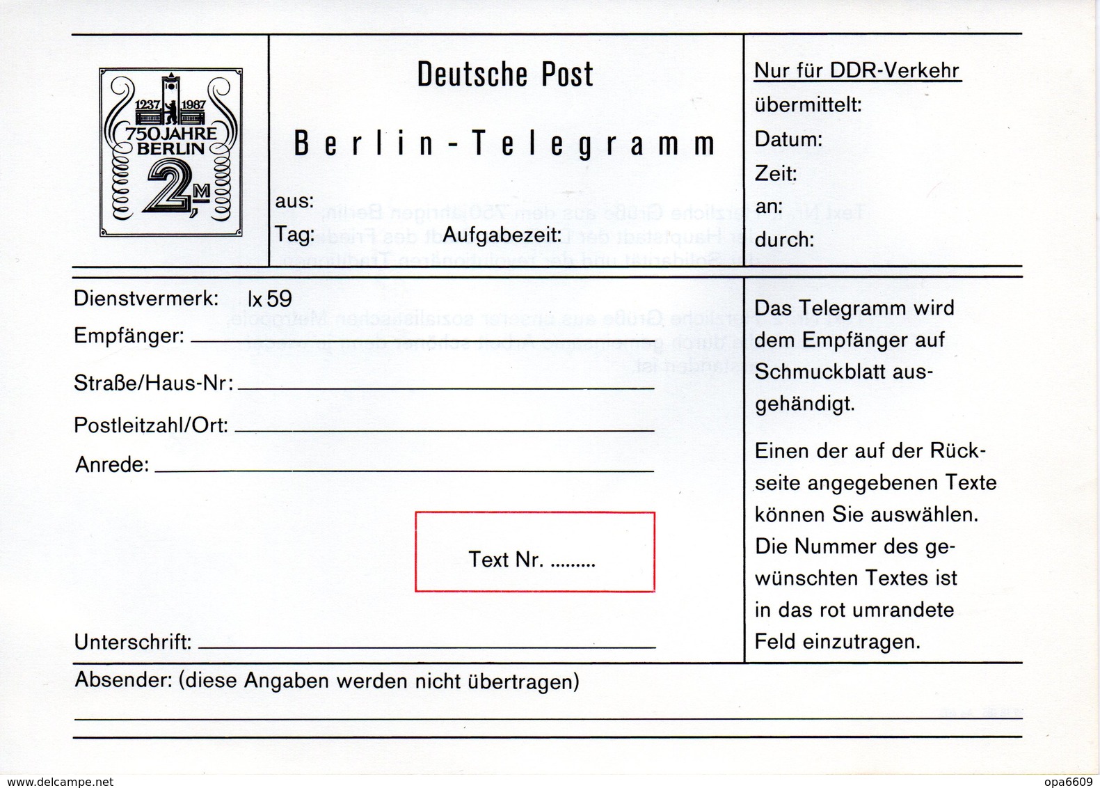 DDR Amtl. GZS  T2 "Berlin-Telegramm" WSt 2(M) Schwarz "750 Jahre Berlin" Ungebraucht - Sonstige & Ohne Zuordnung