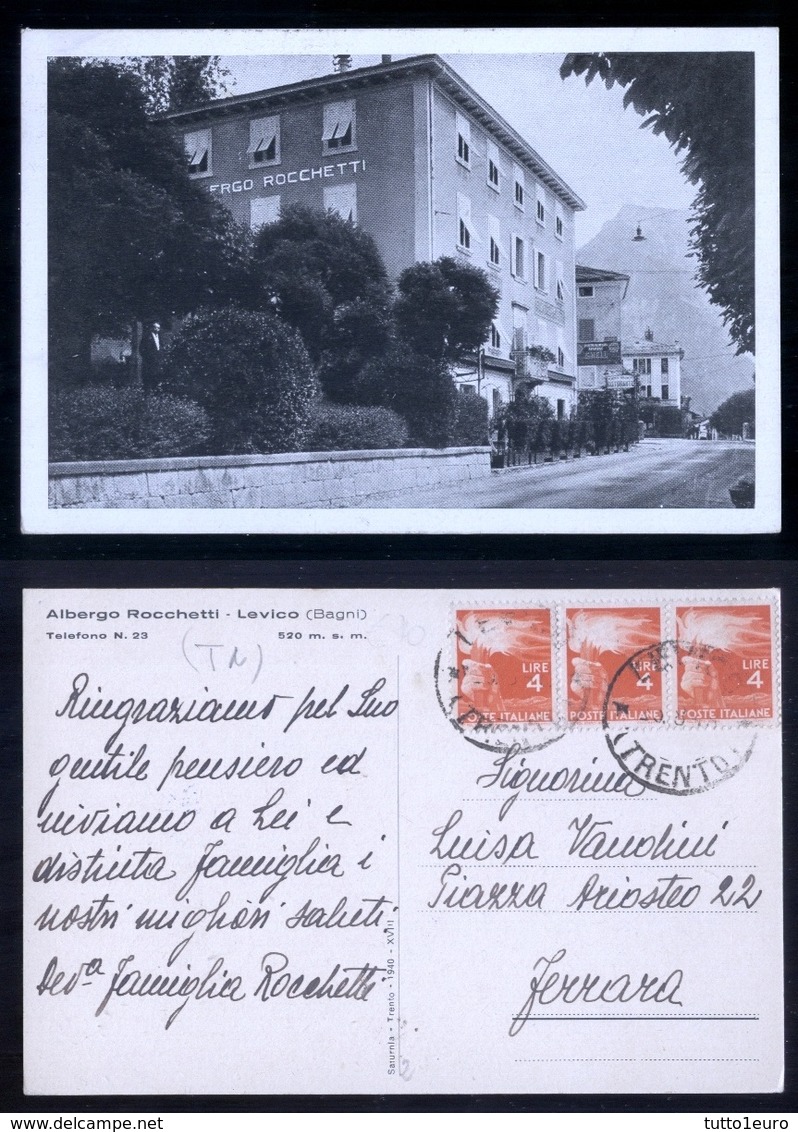 LEVICO - TRENTO - 1949 - ALBERGO ROCCHETTI CON STRISCIA DI TRE DEL 4 LIRE DEMOCRATICA - 1946-60: Storia Postale