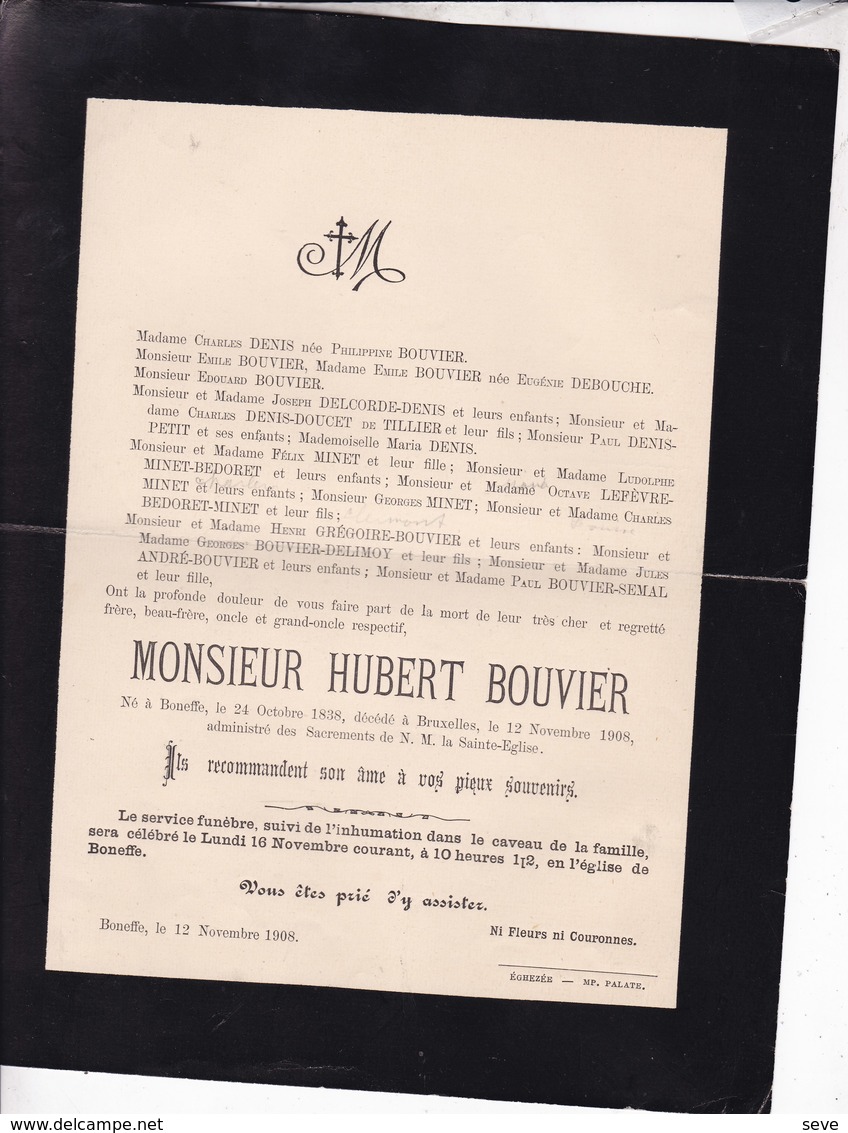 BONEFFE Hubert BOUVIER 1838-1908 Familles DENIS DEDOUCHE MINET BEDORET GREGOIRE - Obituary Notices