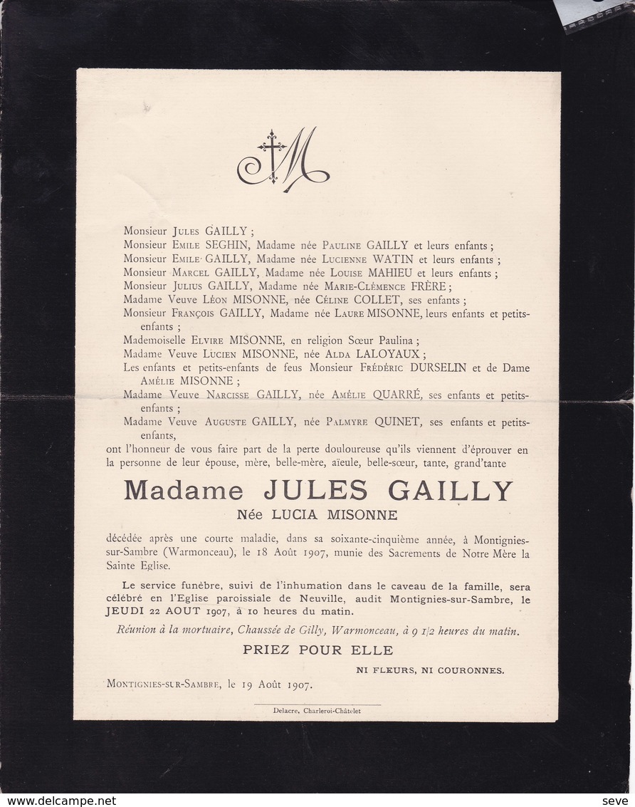 MONTIGNIES-sur-SAMBRE Lucia MISONNE épouse Jules GAILLY Famille COLLET 1907 - Overlijden