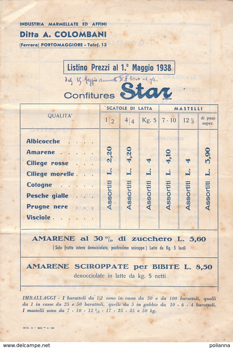 B2066 - LISTINO PREZZI CONFETTURE STAR 1938 - DITTA COLOMBANI - PORTOMAGGIORE - Publicidad