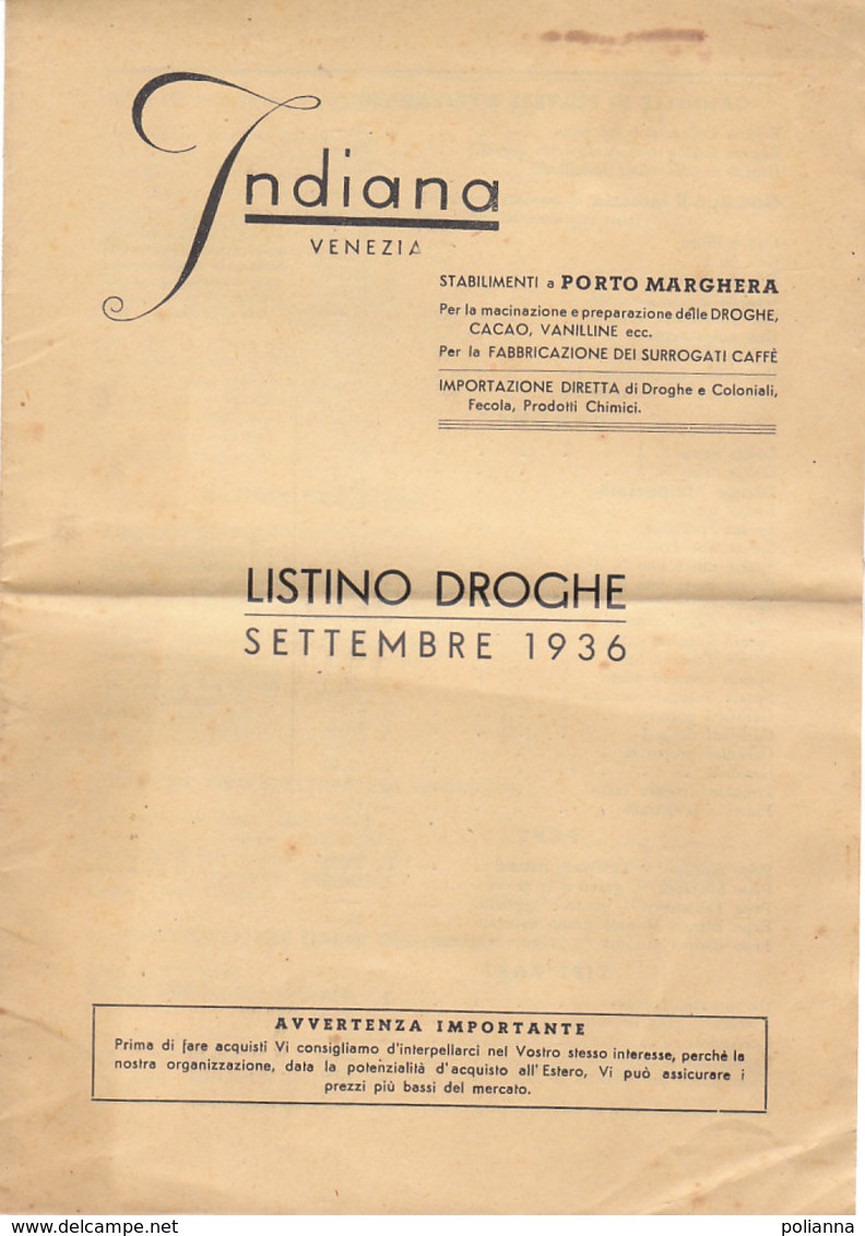 B2067 - LISTINO DROGHE 1936 - DITTA INDIANA - VENEZIA - STABILIMENTI PORTO MARGHERA/SPEZIE - Pubblicitari