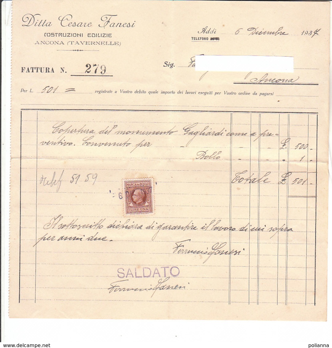 B2068 - FATTURA CARTA INTESTATA DITTA CESARE FANESI - ANCONA TAVERNELLE - COSTRUZIONI EDILIZIE - MARCA DA BOLLO 1937 - Italia