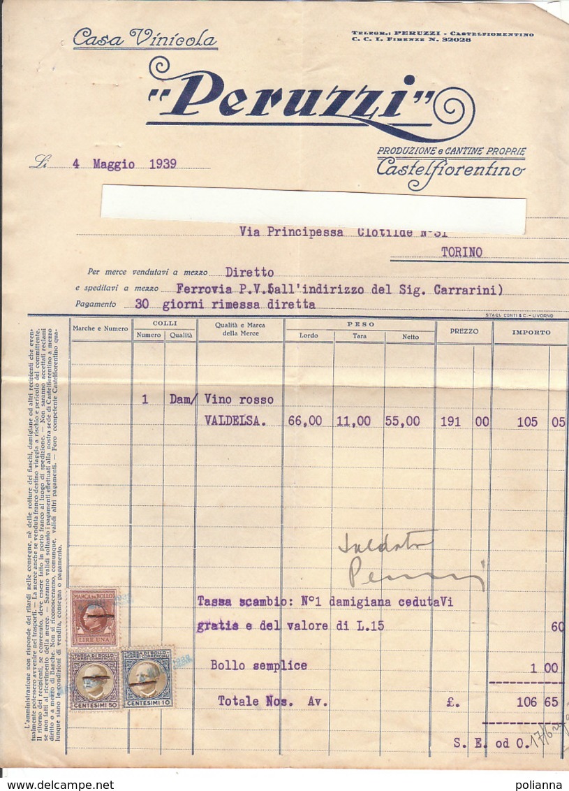 B2072 - FATTURA CARTA INTESTATA CASA VINICOLA PERUZZI - CASTELFIORENTINO - MARCHE DA BOLLO 1939/VINI - Italia