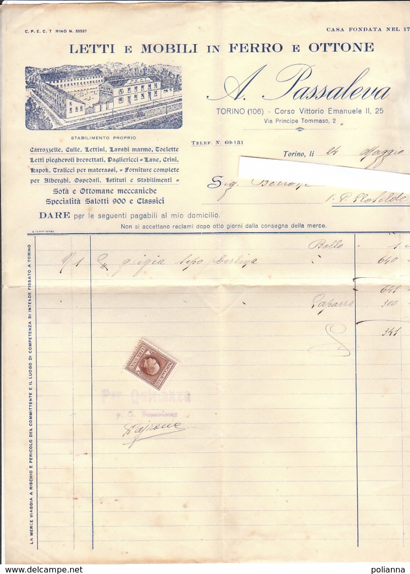 B2073 - FATTURA CARTA INTESTATA PASSALEVA - TORINO - LETTI E MOBILI  IN FERRO E OTTONE - MARCA DA BOLLO 1938 - Italia