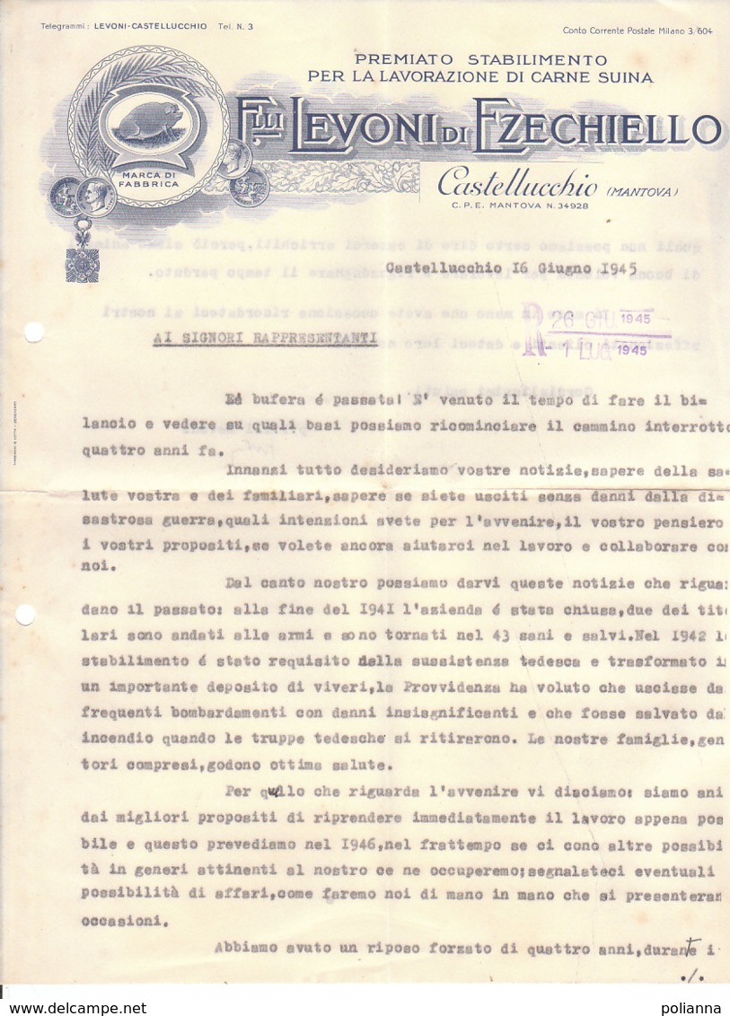 B2075 - CARTA INTESTATA LEVONI DI EZECHIELLO - CASTELLUCCIO MANTOVA - STABILIMENTO LAVOR. CARNE SUINA 1945/MAIALI/PIGS - Italia