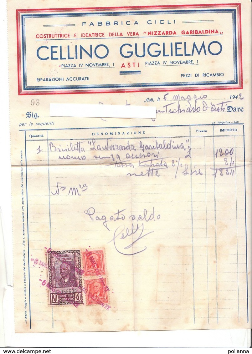 B2076 - FATTURA CARTA INTESTATA CELLINO GUGLIELMO ASTI - FABBRICA CICLI "NIZZARDA GARIBALDINA" BICICLETTE - IMPOSTE 1942 - Italia