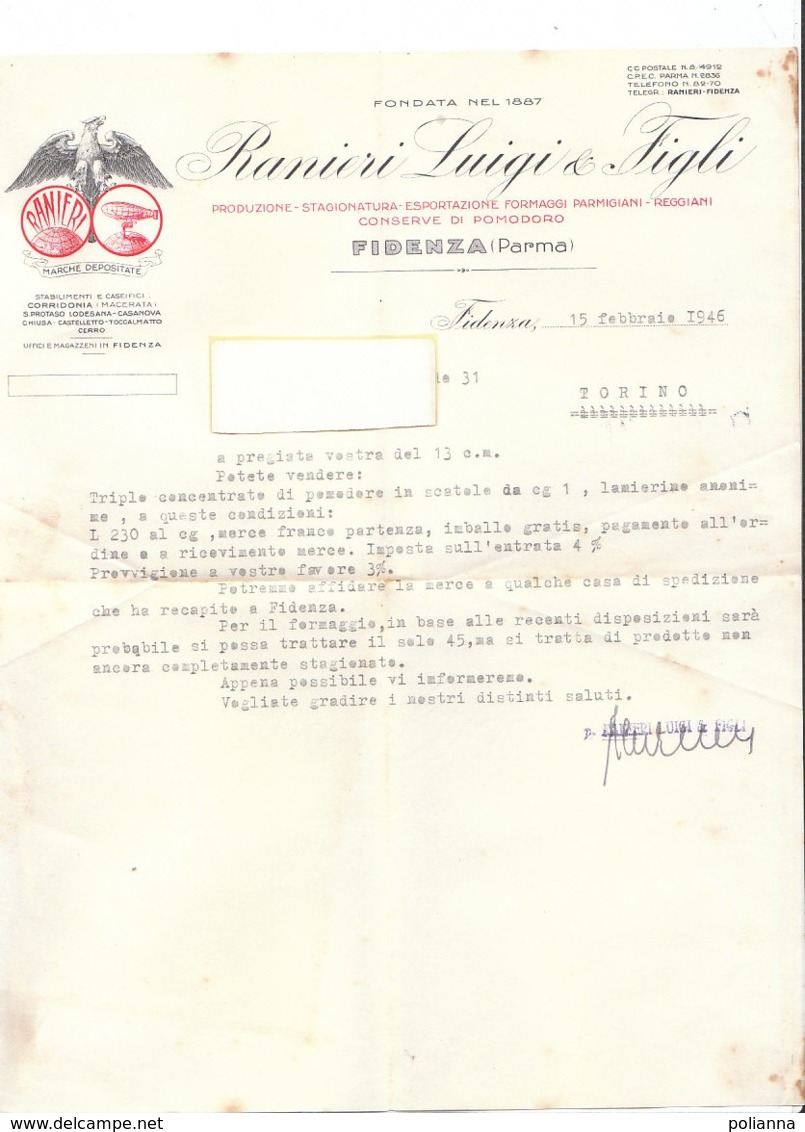 B2077 - CARTA INTESTATA RANIERI LUIGI & F. FORMAGGI PARMIGIANI REGGIANI - CONSERVE POMODORO FIDENZA PARMA 1946 - Italia