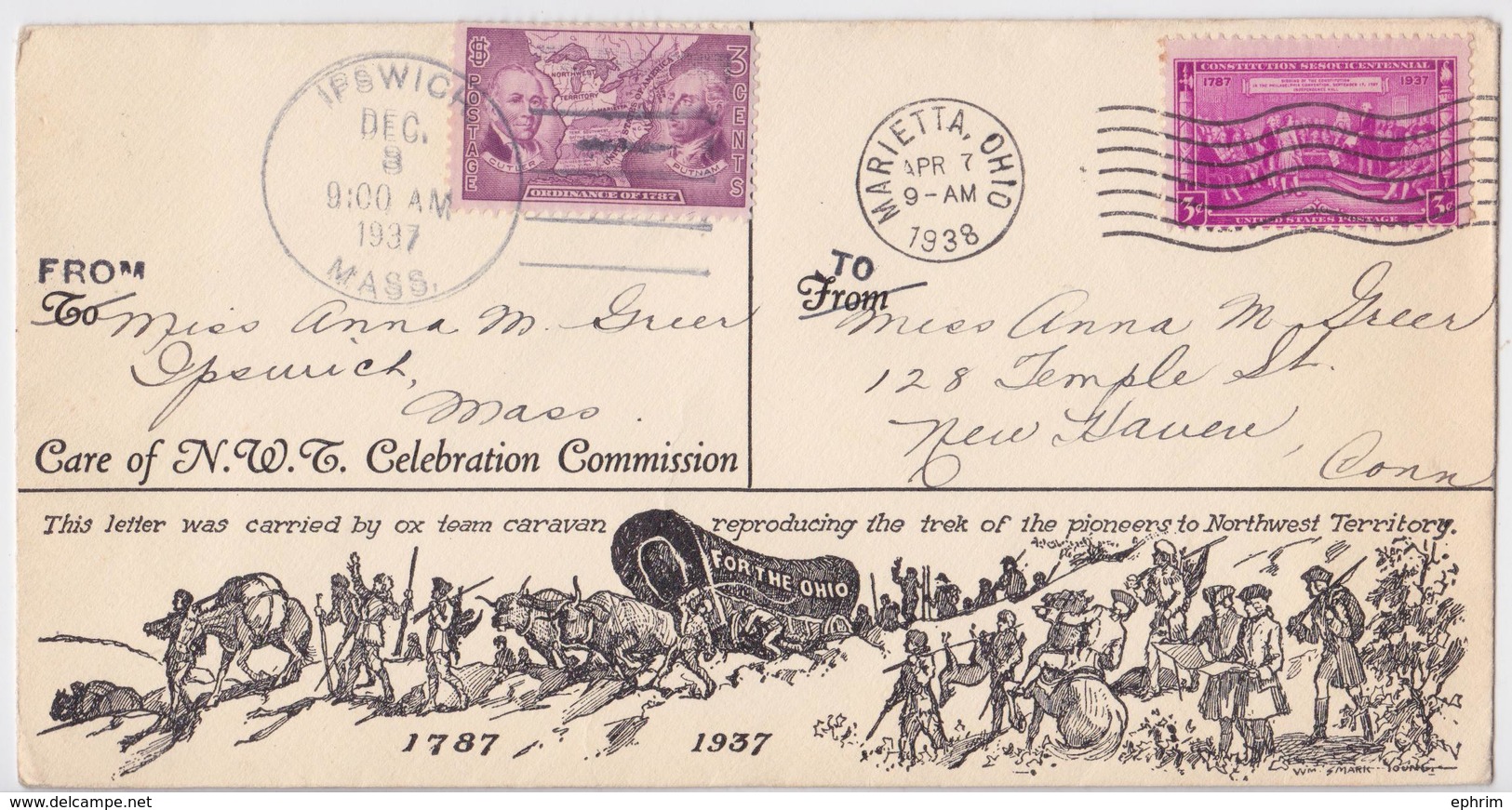 From Ipswich Massachusetts To Marietta Ohio 1937 Commemorative Us Cover Caravan Of The Pioneers To Northwest Territory - Omslagen Van Evenementen