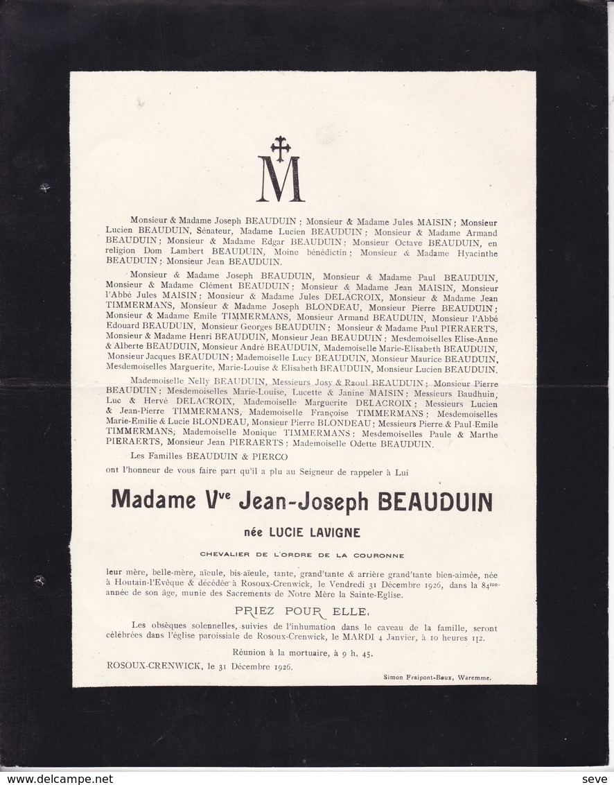 HOUTAIN-L'EVEQUE Lucie LAVIGNE Veuve Jean-Joseph BEAUDUIN 84 Ans 1926 ROSOUX Famille MAISIN TIMMERMANS DELACROIX - Overlijden