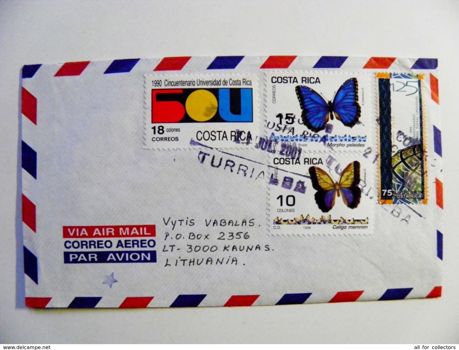 Cover Sent From Costa Rica 2001 Animals Insects Butterflies Papillons UPU Postal Universal Post - Costa Rica