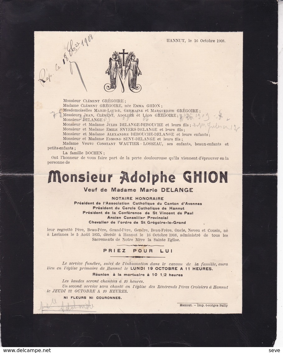 HANNUT Adolphe GHION Veuf DELANGE Notaire 1908 Président Association Catholique AVENNES Conseiller Provincial GREGOIRE - Overlijden