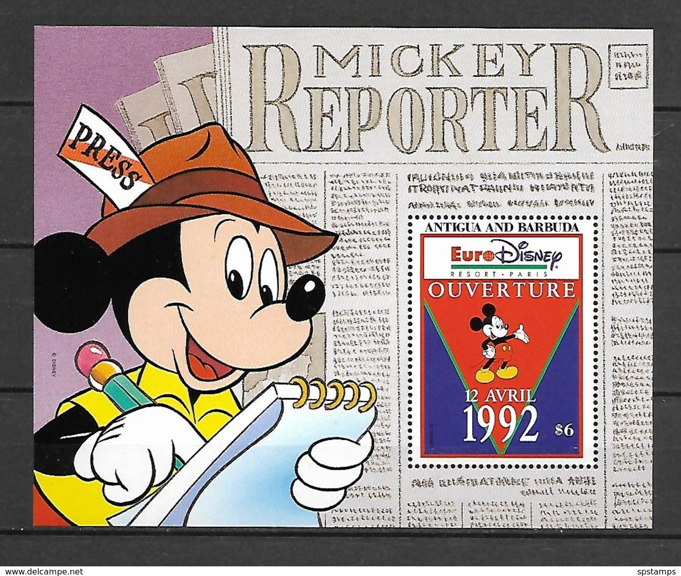 Disney Antigua & Barbuda 1993 EuroDisney Open - Mickey #3 MS MNH - Disney