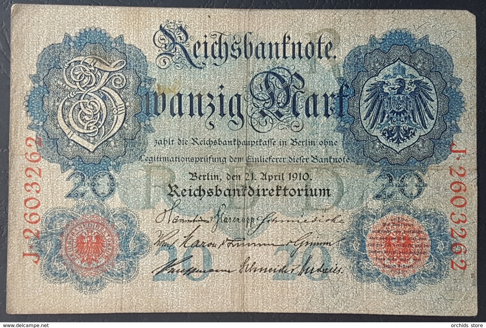 EBN5 - Germany 1910 Banknote 20 Mark Pick 40b #J.2603262 No Wmk 7 Digit Serial - 20 Mark