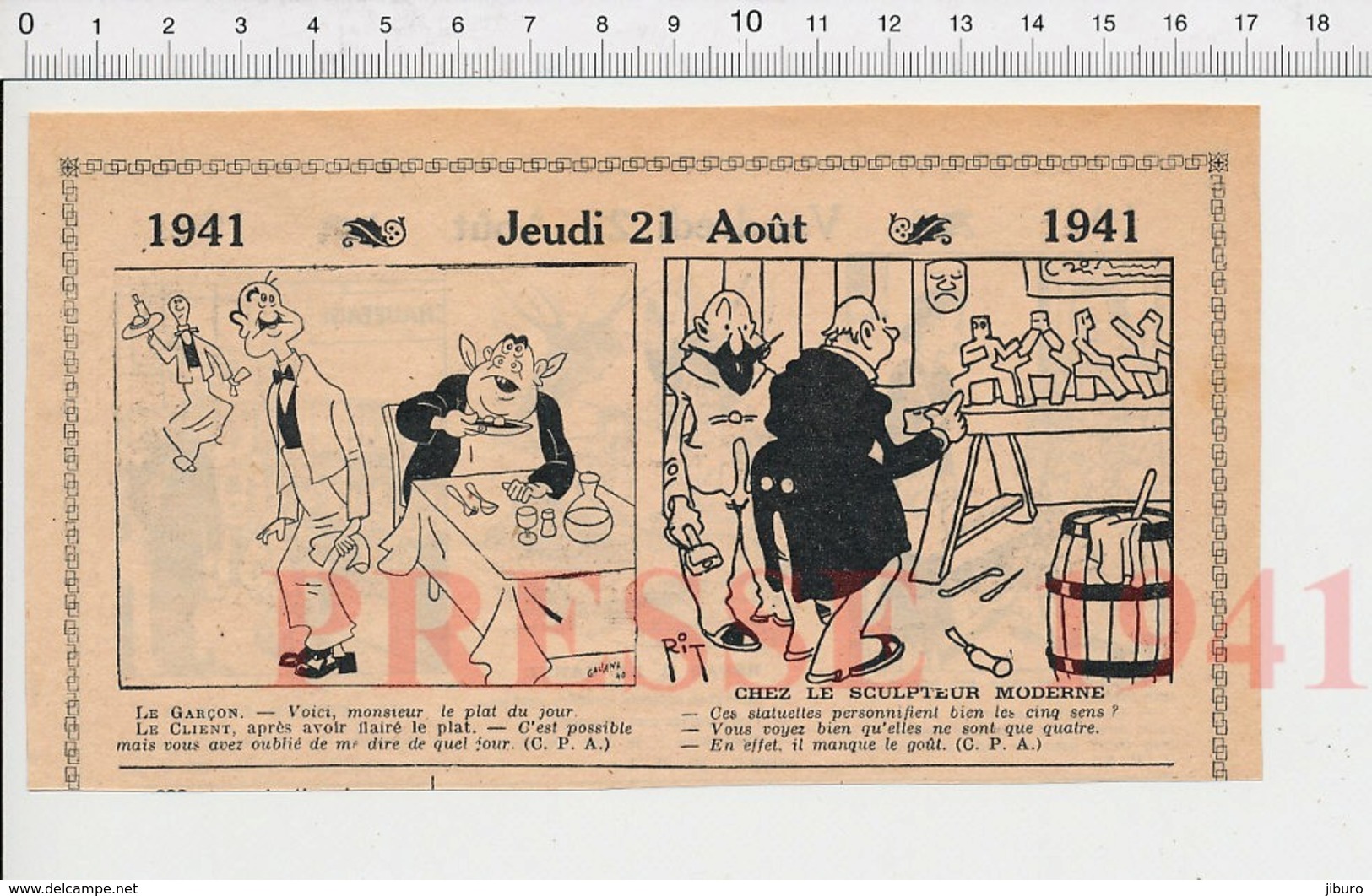 2 Scans Humour 1941 Appâts Pêche Chènevis Fourneaux Cuisine Radio TSF Outils De Sculpteur Cinq Sens 223XR - Non Classés