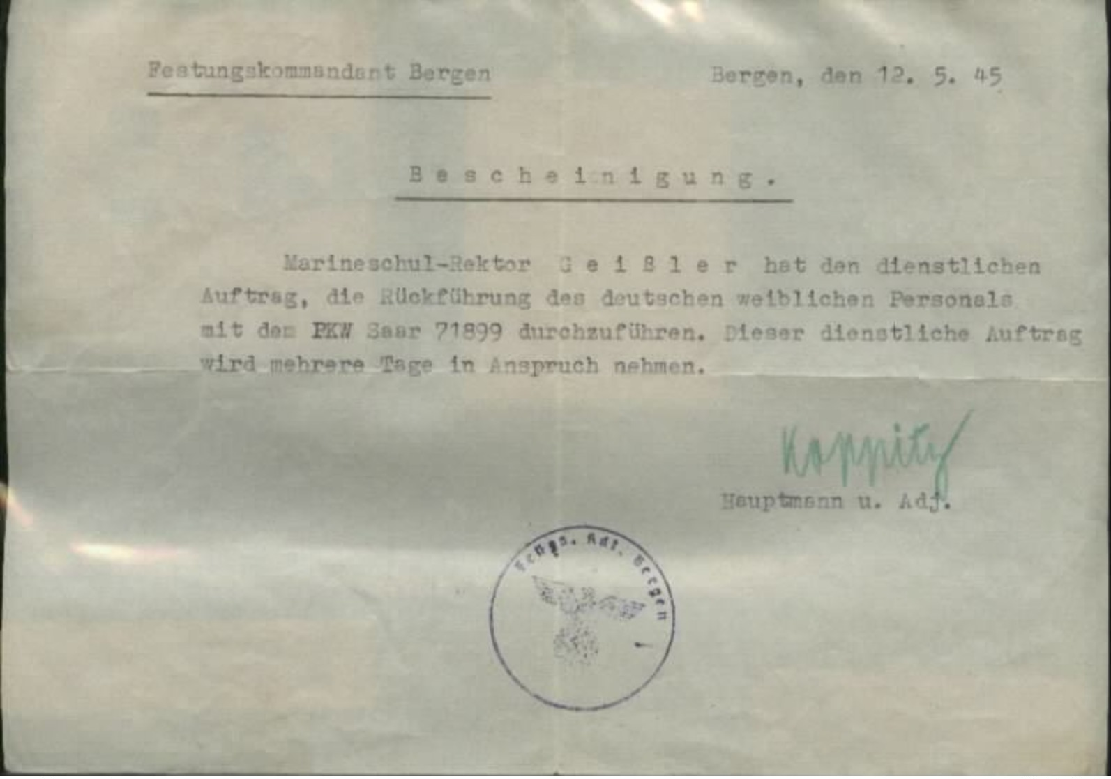 WW II Militär Blatt , Festungskommandant Bergen Norwegen , Auftrag Zur  Rückführung Des Deutschen Weiblichen Personal: - Briefe U. Dokumente