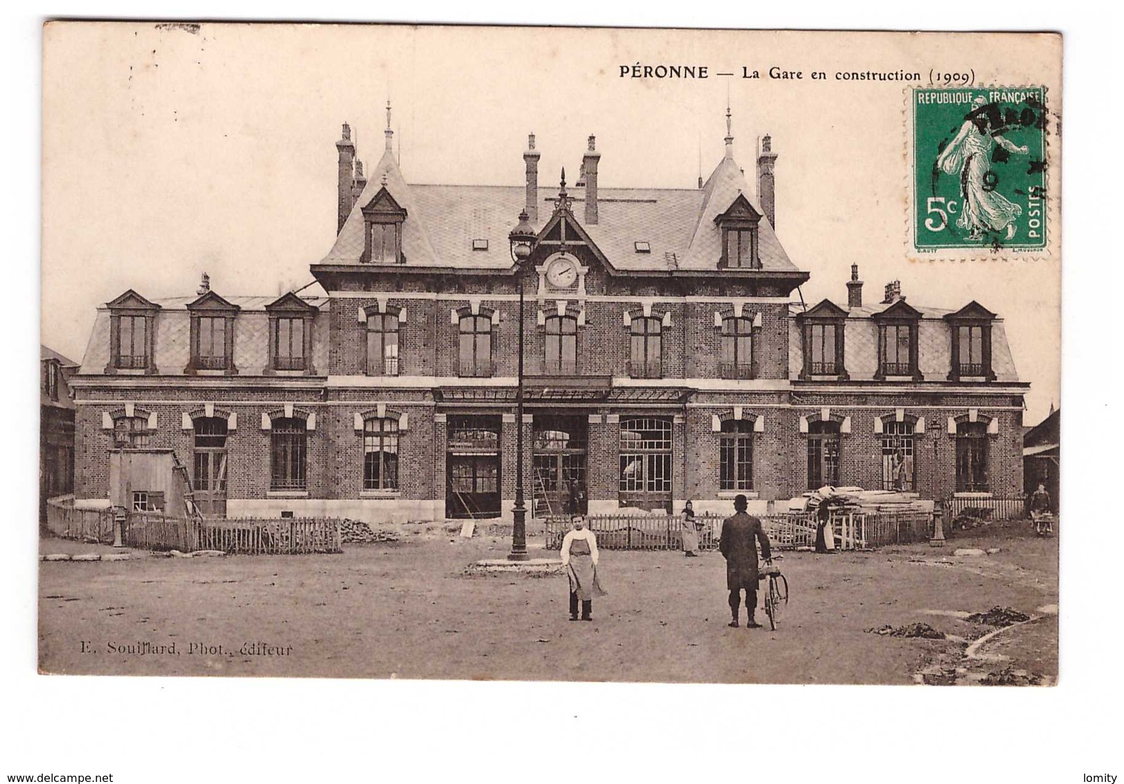 Gare De Peronne En Construction 1909 Cpa Carte Animée Animation Chemin De Fer - Gares - Sans Trains