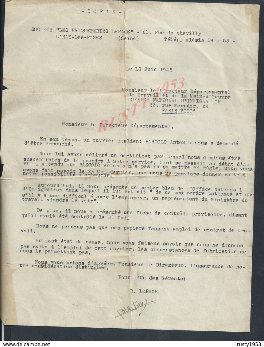 LETTRE DE 1948 SOCIETÉ LES BRIQUETERIES LEPAGE L HAYLES ROSES SUJET CONTRAT TRAVAIL D UN OUVRIER ITALIEN PASCOLO ANTONIO - Manuscrits