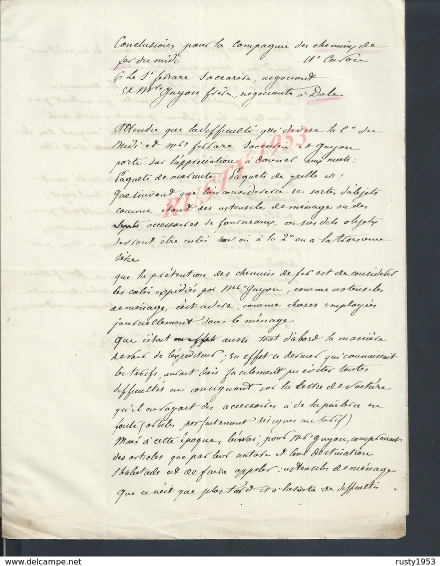 DOCUMENT DE 5 PAGES LIRE PARLE DE DOLE X CHEMIN DE FER DU MIDI ? TOUT N EST PAS SCANNER : - Manuscrits