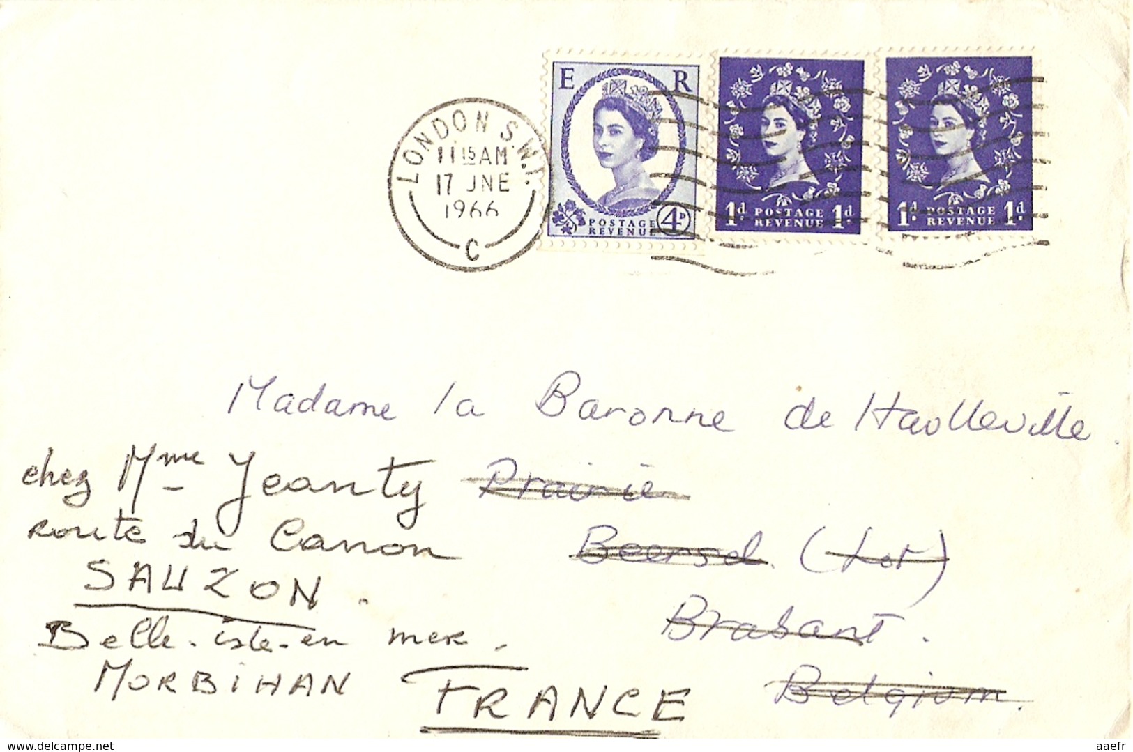 Grande-Bretagne 1966 - Lettre De Londres à Beersel/Belgique - Reroutée Sauzon/Belle Ile En Mer - Cachet Watermael 263/68 - Lettres & Documents