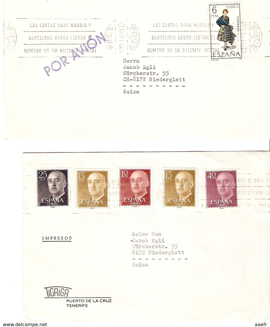 Espagne 1969 - Petit Lot De 2 Lettres (Par Avion/Imprimé) De Puerto De La Cruz, Tenerife à Niederglatt, Suisse - Tigaiga - Lettres & Documents