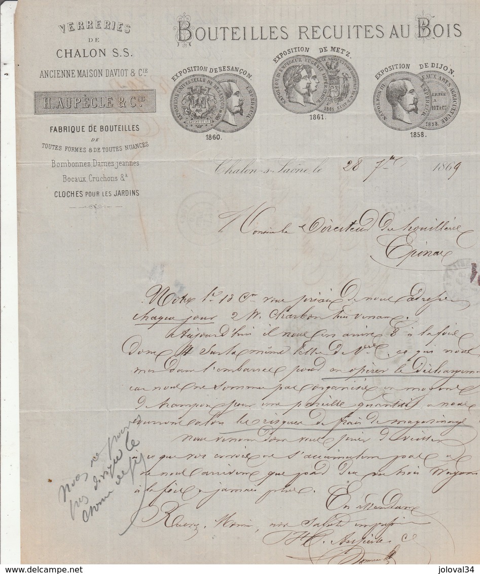 Facture Lettre Illustrée 28/9/1869 AUPECHE Verrerie CHALON Sur Saône Saône Et Loire Timbre Napoléon  à Epinac - 1800 – 1899