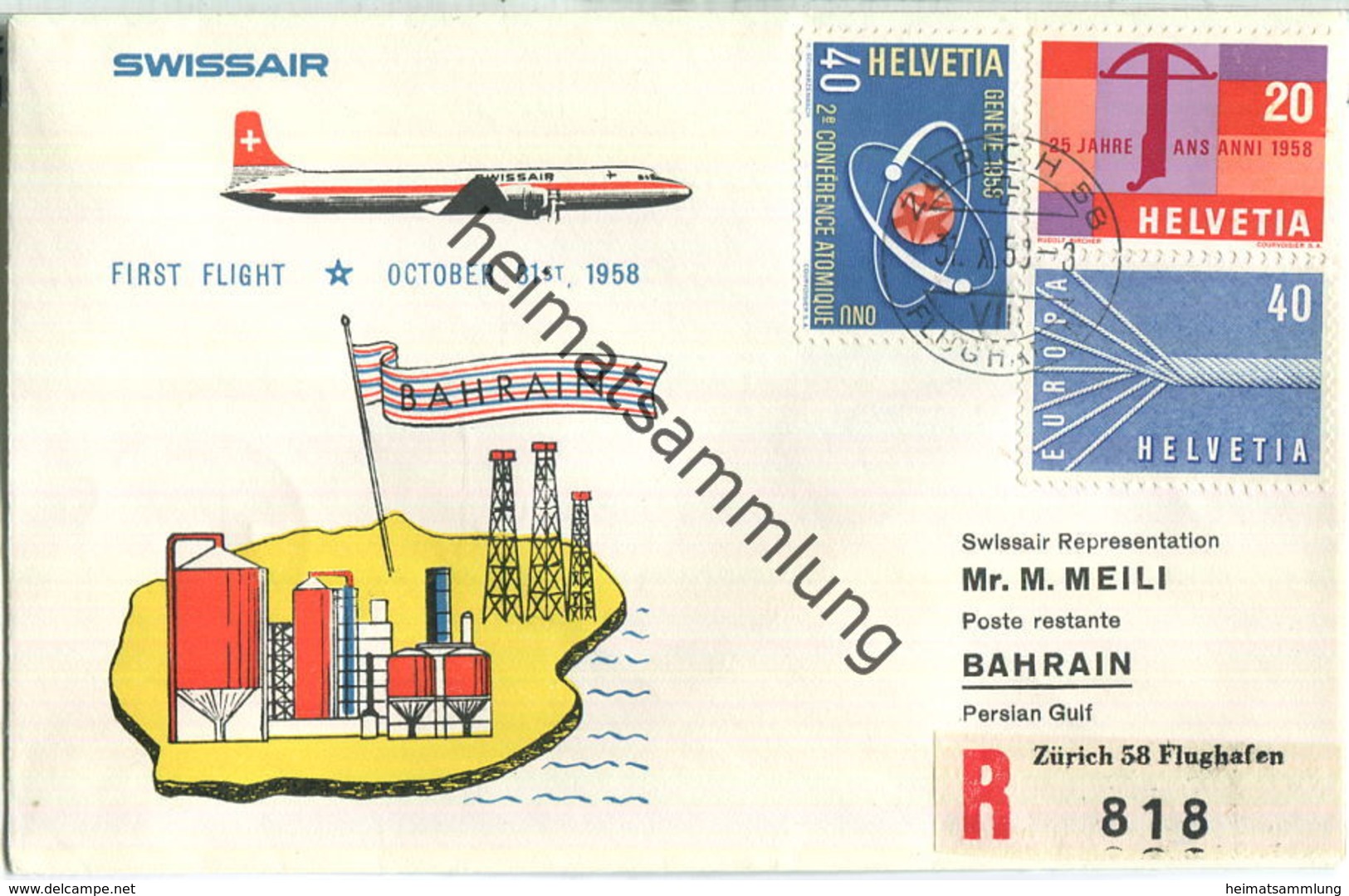 Swissair - First Flight - Zürich-Bahrain 1958 - First Flight Covers