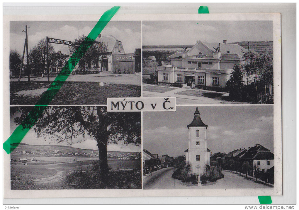 Myto V.C., Kirche, Hotel Myslivna Und Sokol, Foto-AK Um 1940 - Kirchen U. Kathedralen