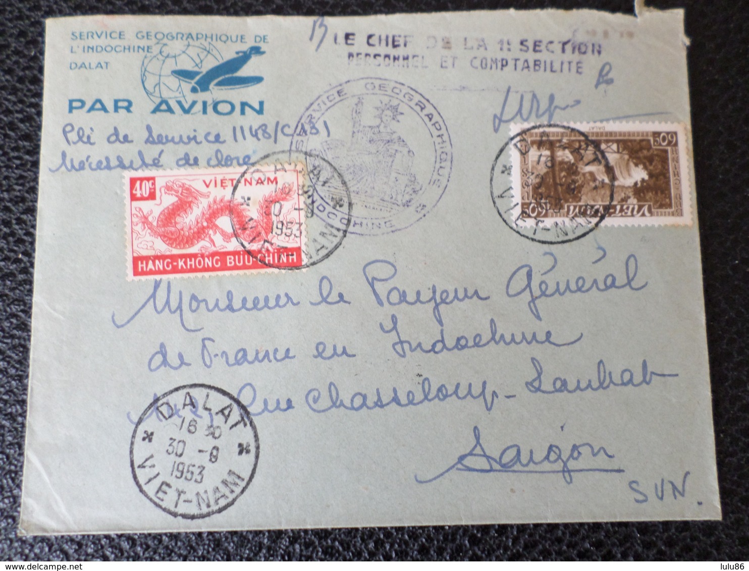 ENVELOPPE MARCOPHILIE SERVICE GEOGRAPHIQUE DE L'INDOCHINE PAR AVION 1953 - 1960-.... Lettres & Documents