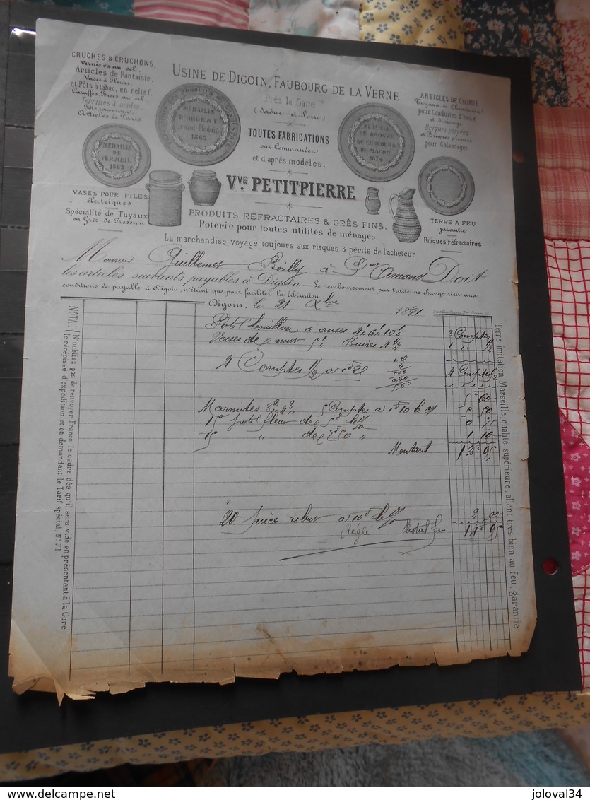 Facture Illustrée 21/12/1881 PETITPIERRE Poterie Pots à Tabac ... DIGOIN Saône Et Loire - 1800 – 1899