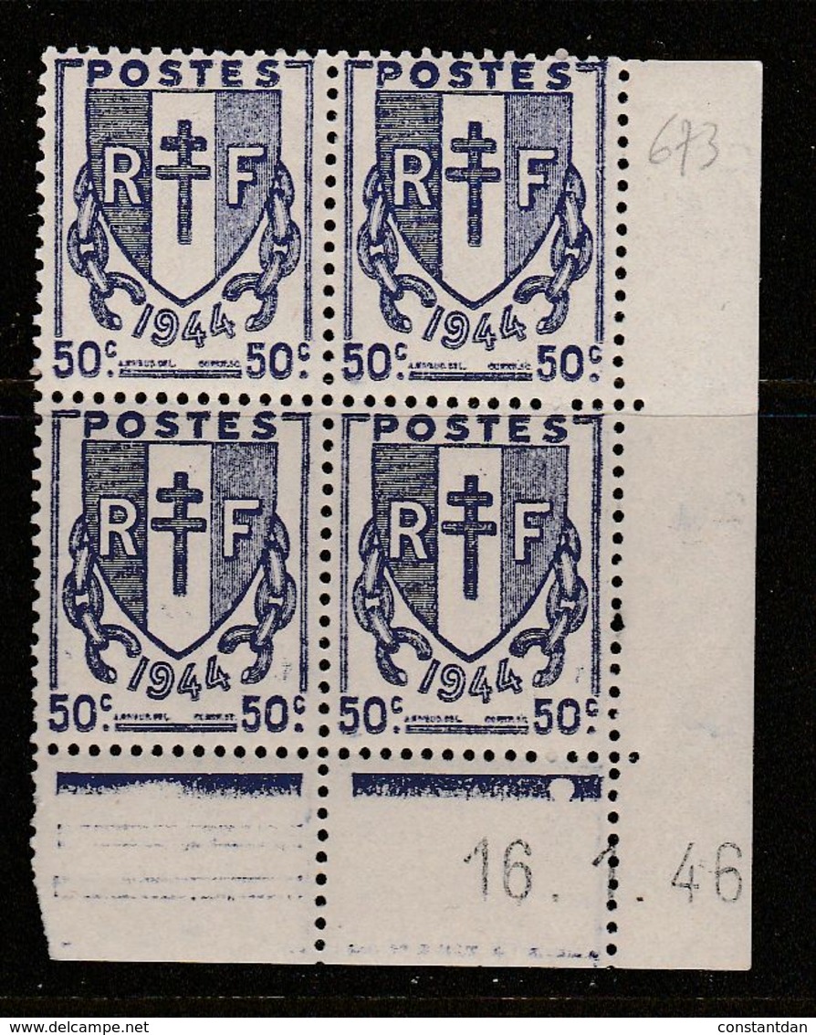 FRANCE N°673 50C VIOLET TYPE CHAINES COIN DATE DU 16.1.1946 NEUF SANS CHARNIERE - 1950-1959