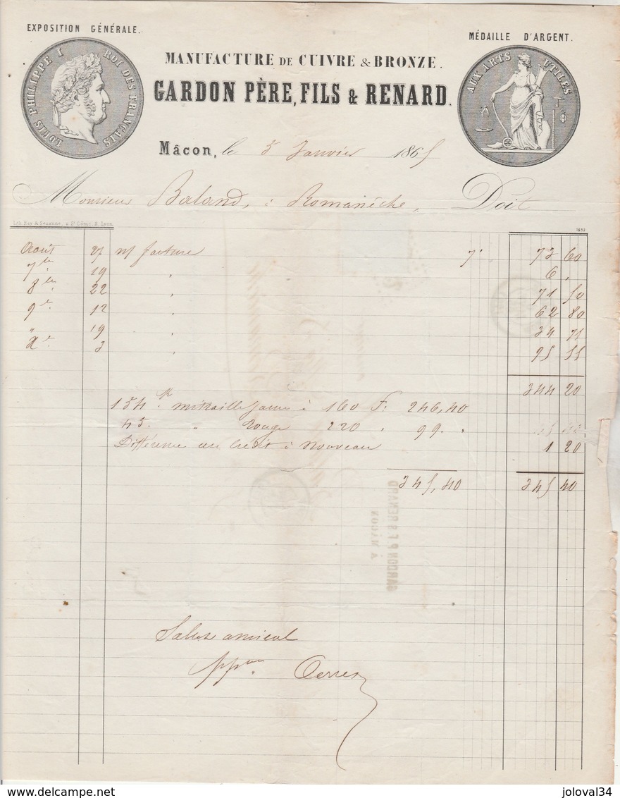 Facture Illustrée 5/1/1865 GARDON & RENARD Manufacture Cuivre Et Bronze MÂCON Saône Et Loire à Romanèche - 1800 – 1899