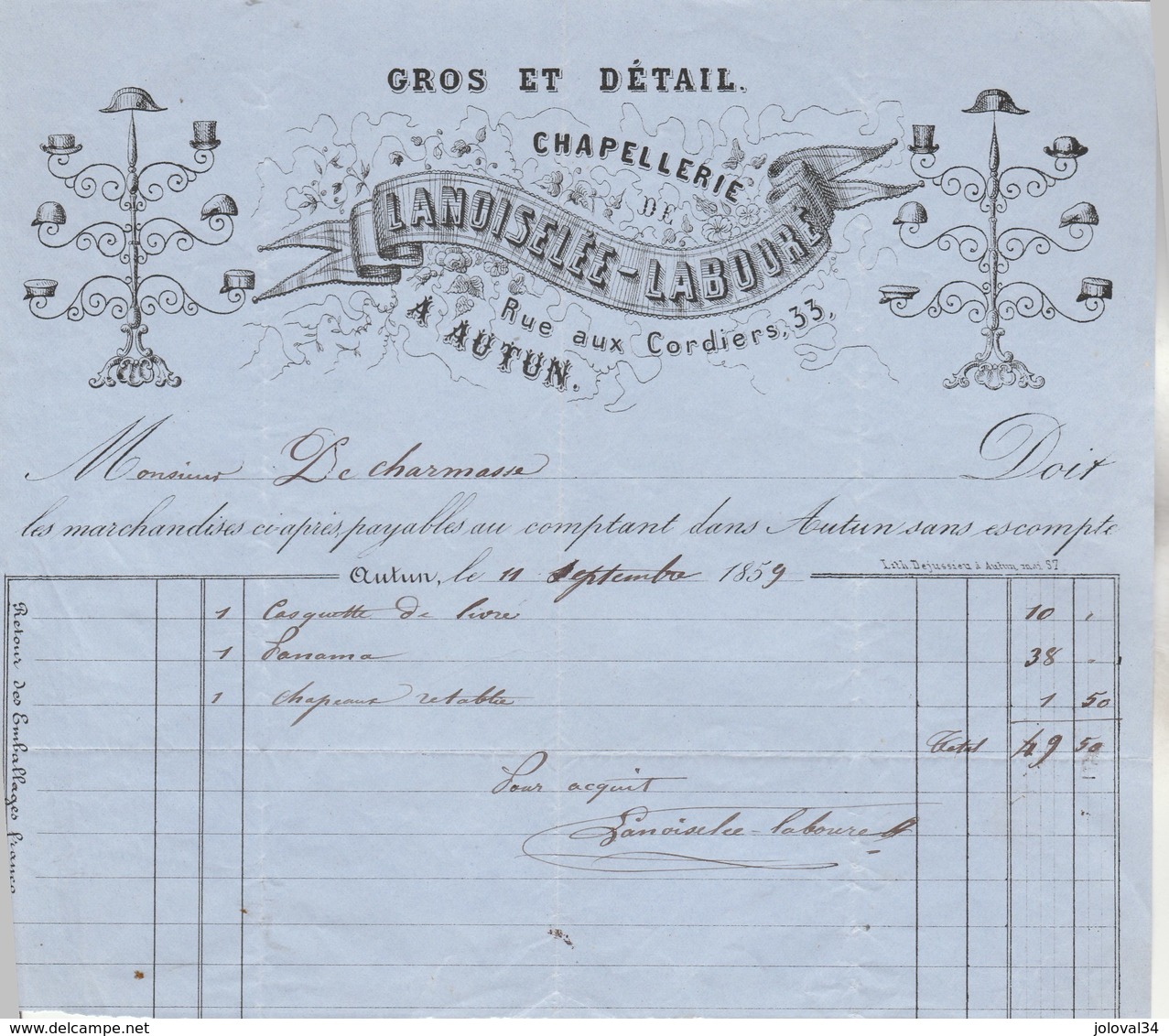 Facture Illustrée 11/9/1859 LANOISELEE LABOURE Chapellerie AUTUN Saône Et Loire - 1800 – 1899