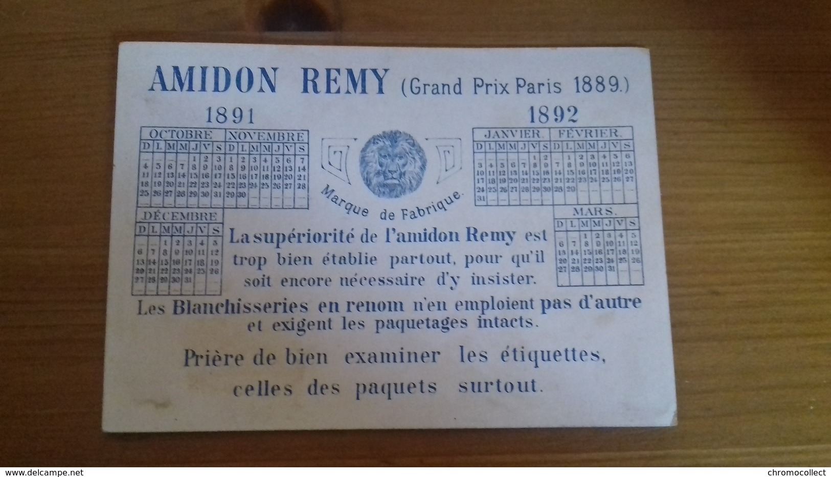 Calendrier Chromo Amidon Remy 1891 1892 - Autres & Non Classés