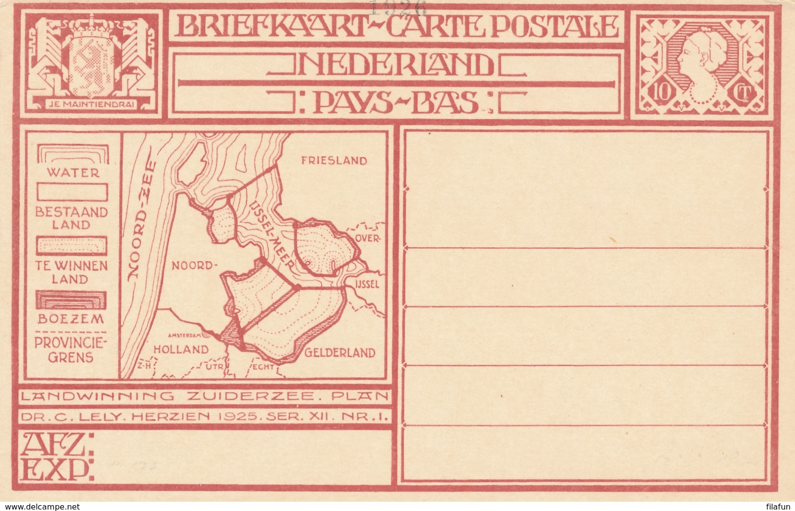 Nederland - 1926 - 10 Cent Landwinning Zuiderzee, Briefkaart G213b - Ongebruikt - Postwaardestukken