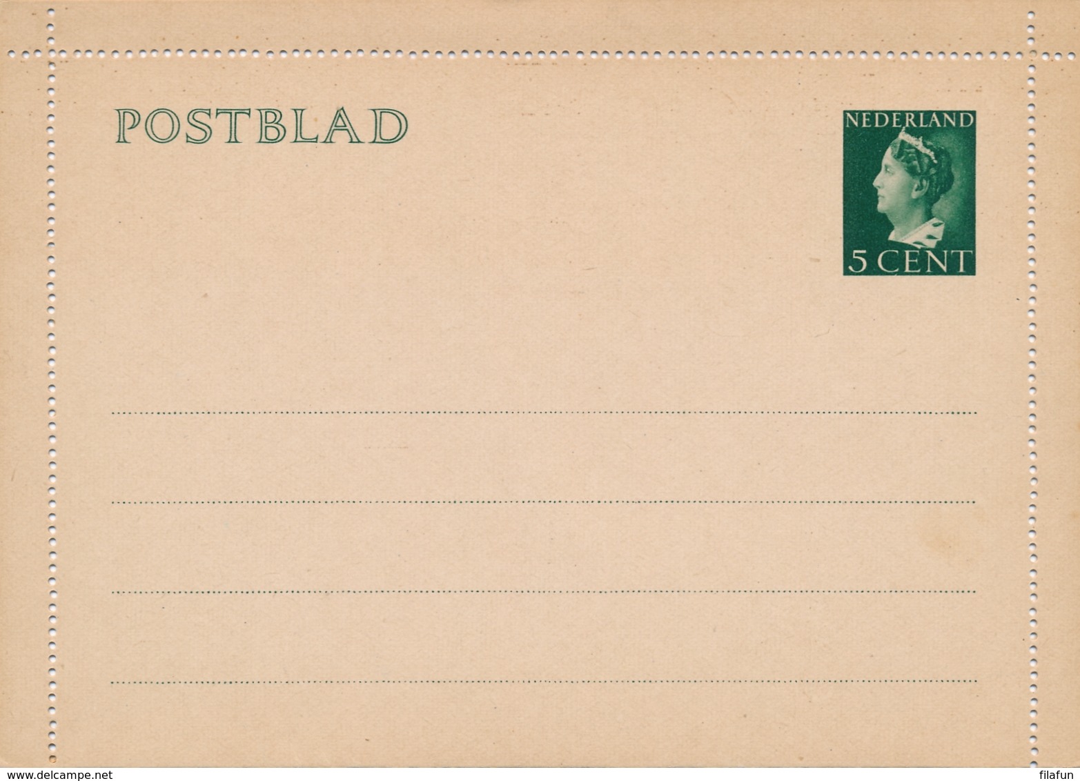 Nederland - 1940 - 5 Cent Konijnenburg, Postblad G20 - Ongebruikt - Postwaardestukken