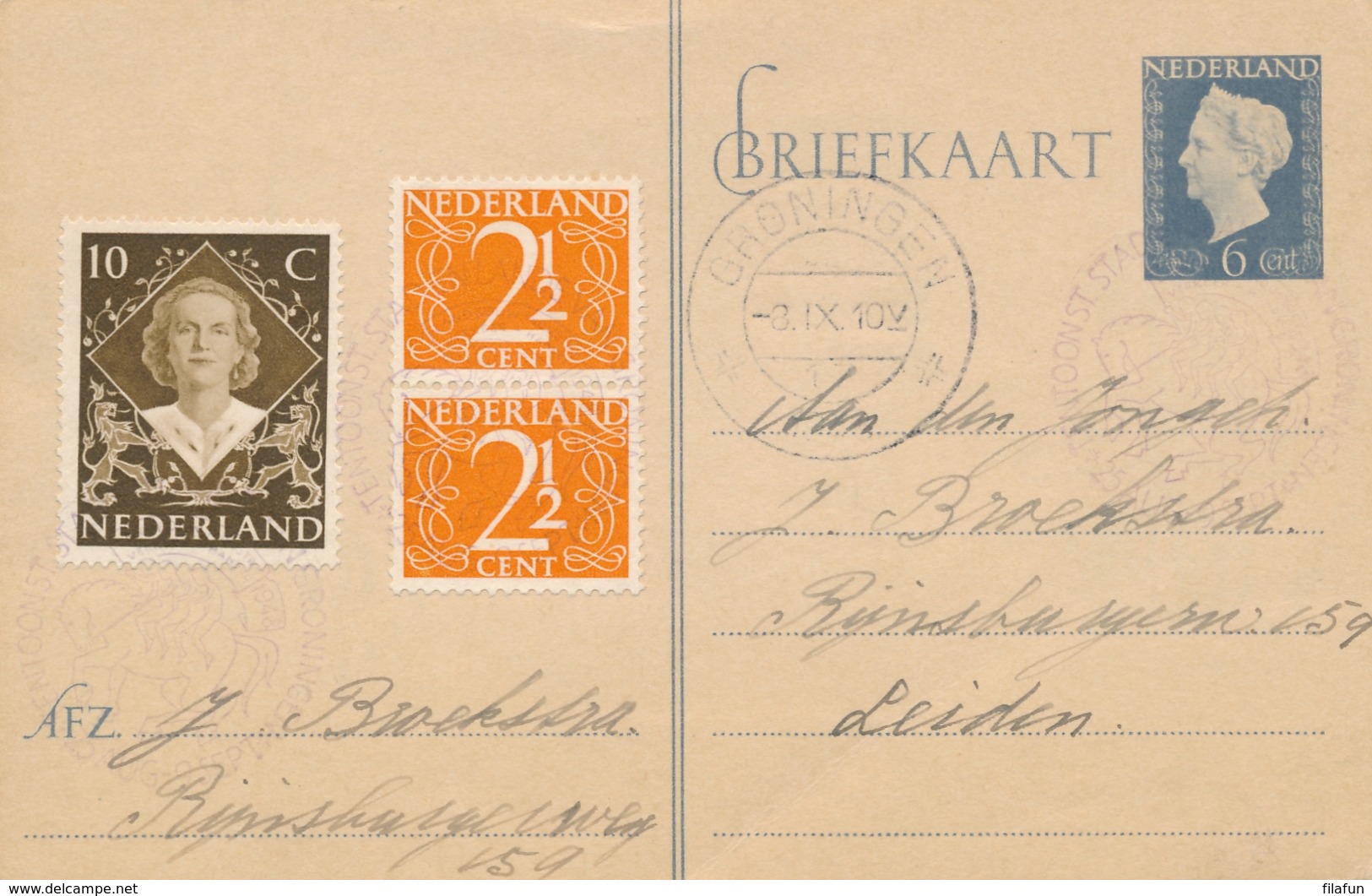 Nederland - 1948 - 6 Cent Wilhelmina, Briefkaart G299 Met Bijfrankering Van Tentoonstelling Groningen Naar Leiden - Entiers Postaux