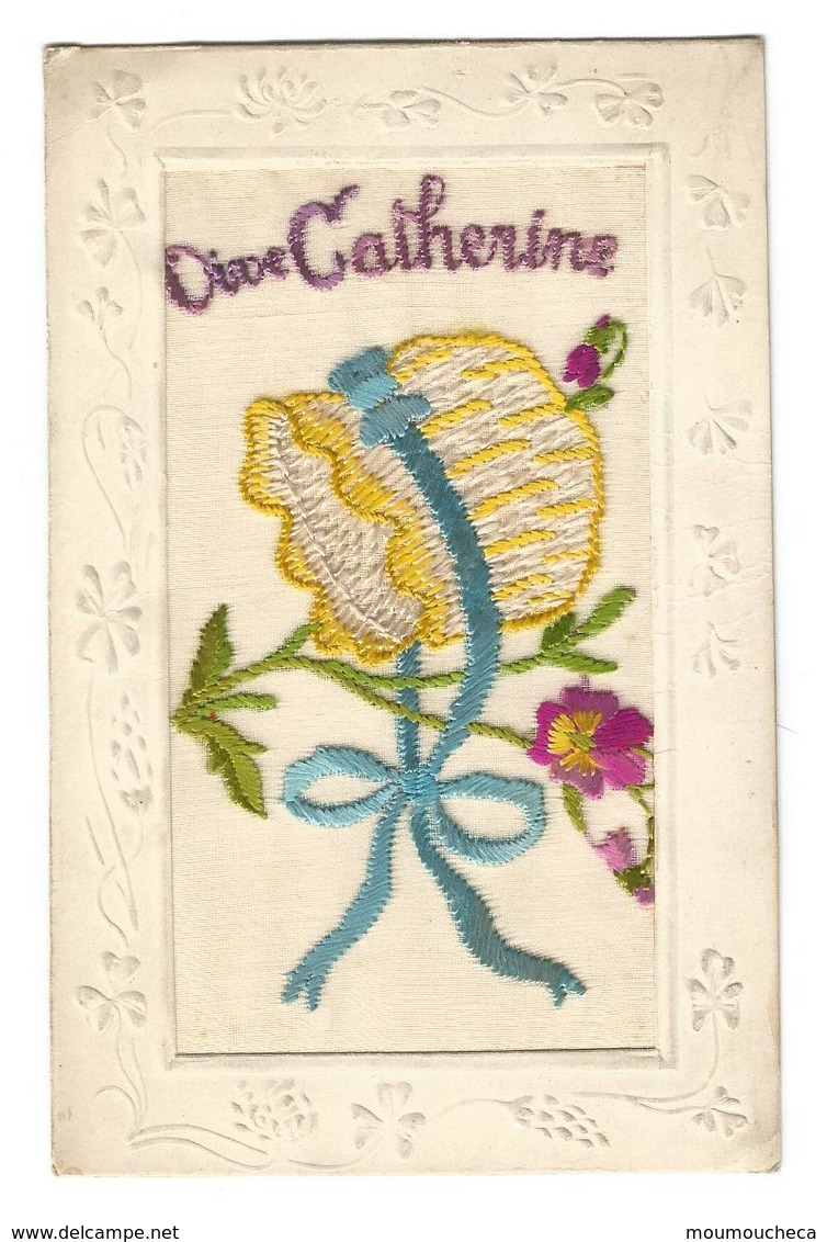 CP :  Brodée : Vive Catherine - Bonnet Jaune, Noeud Bleu - Embroidered