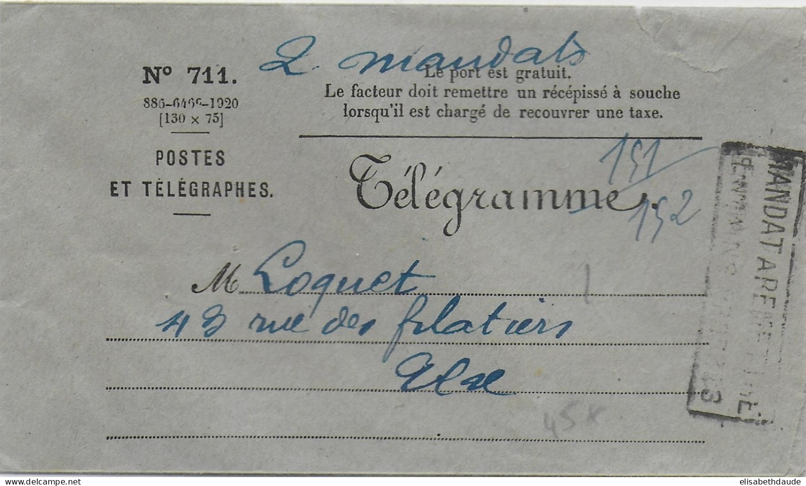 ENVELOPPE TELEGRAMME "MANDAT A REMETTRE EN MAINS PROPRES" - 1877-1920: Période Semi Moderne