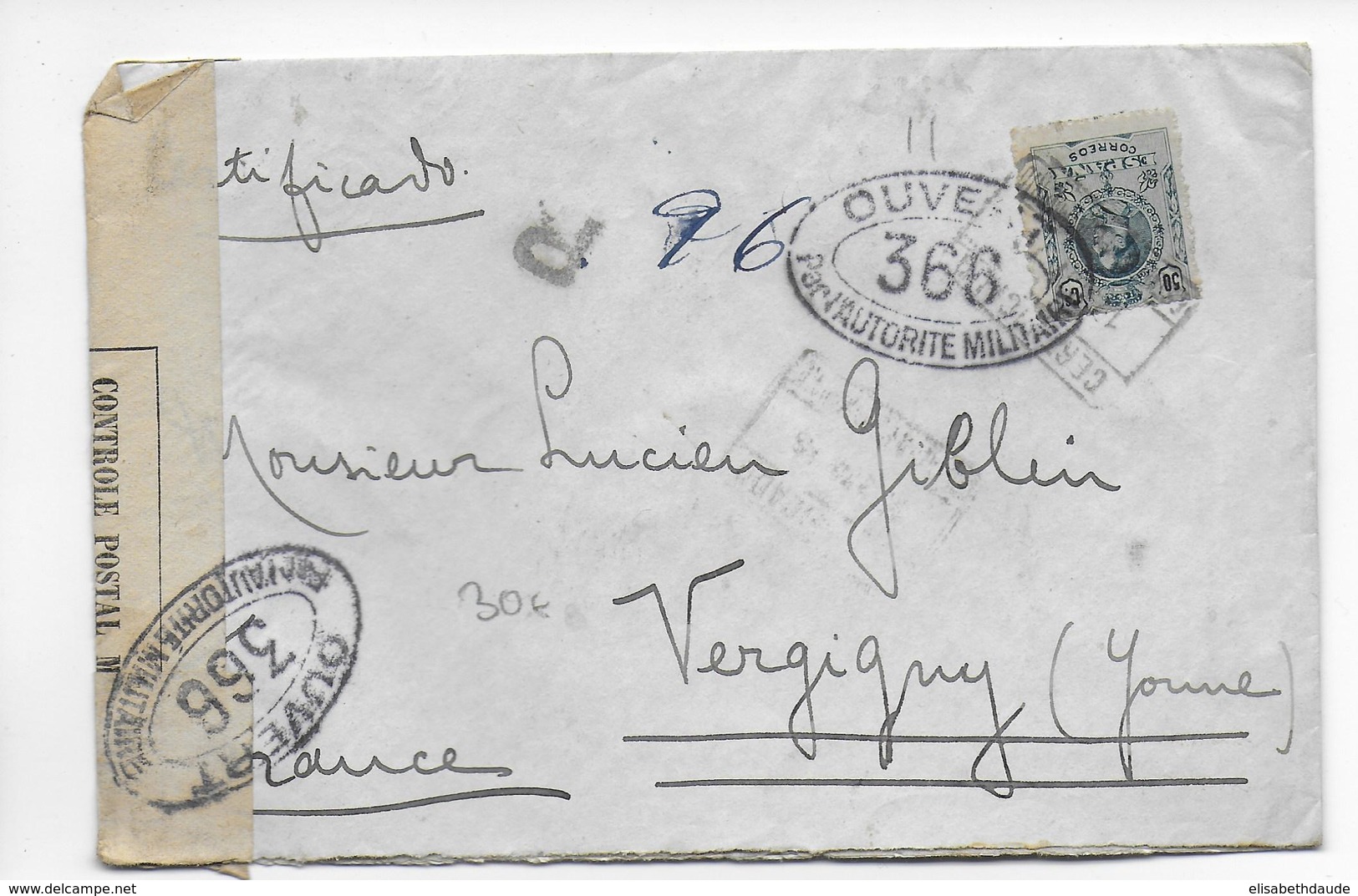 ESPAGNE - 1916 - ENVELOPPE RECOMMANDEE Avec CENSURE FRANCAISE De MADRID => VERGIGNY (YONNE) - Lettres & Documents