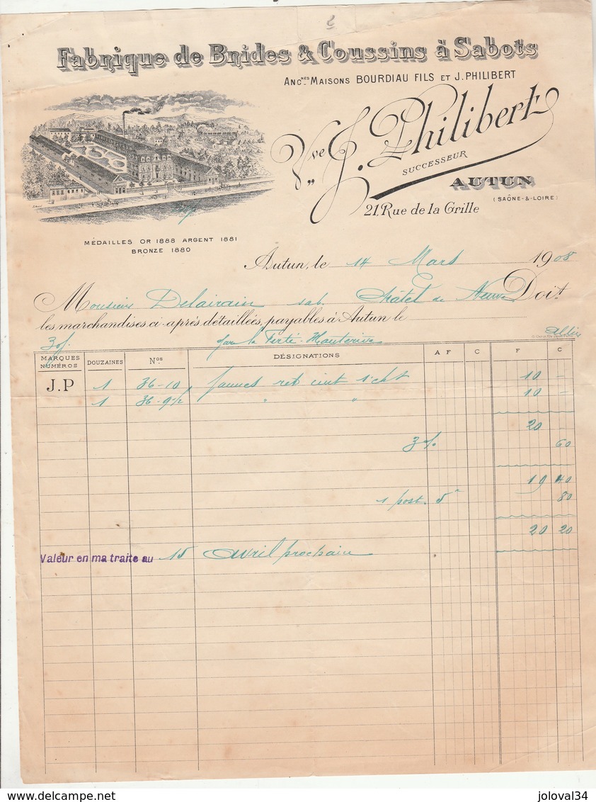 Facture Illustrée 14/3/1908 PHILIBERT Brides Et Coussins à Sabots  AUTUN Saône Et Loire à Delairain Chatel De Neuve - 1900 – 1949